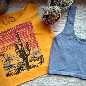 Desert Cactus Yellow Cut Out Tank Top and Blue ribbed tank Crop
